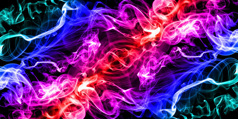 Creative abstract background of smoke swirls in bright neon colors on black backdrop