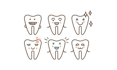 Stomatology and dental line icons set, cute happy health teeth vector Illustration on a white background
