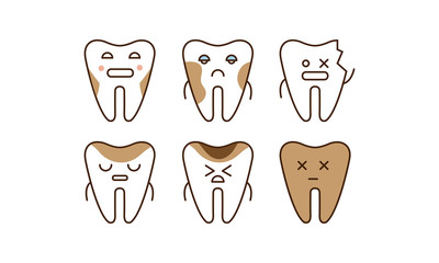 Stomatology and dental line icons set, sick teeth with different facial expressions vector Illustration on a white background