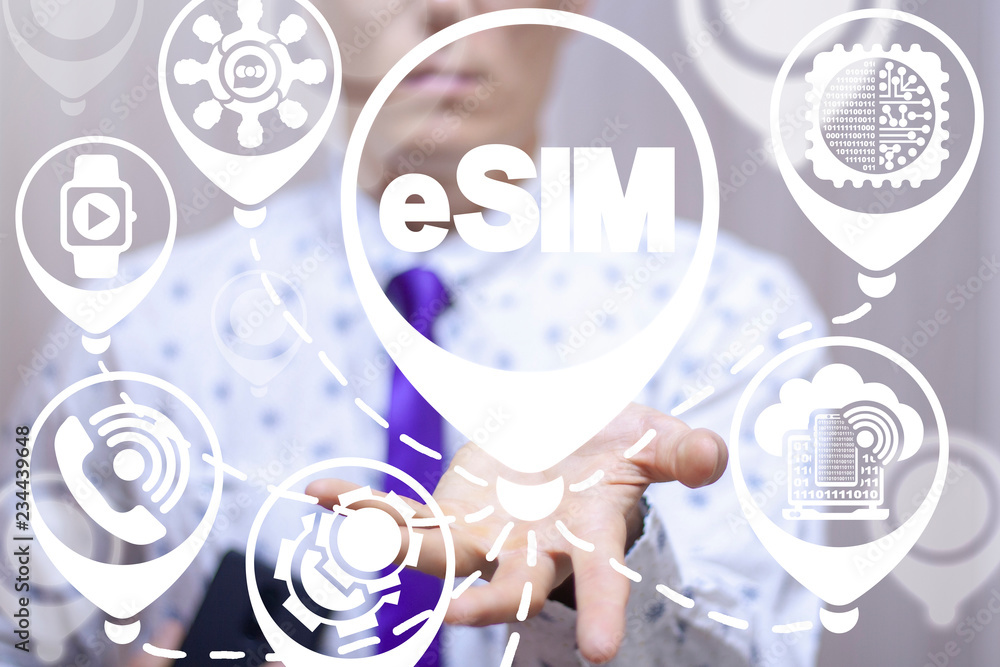 Poster embedded sim. esim - electronic sim phone new mobile communication technology. mobility device inter