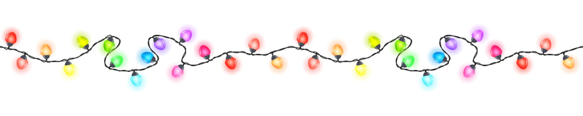 Seamless festive multi-colored glowing garland on a white background , Christmas decorations