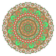 Vector mandala with flowers, leaves, waves, geometric elements. Ethnic pattern. Arabic, indian, asian, african motif. Decor for your design, round pattern with many details. Mandala art, boho chic. 