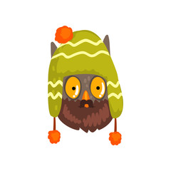 Owl wearing knitted winter hat, hipster bird portrait cartoon vector Illustration on a white background