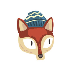 Red fox animal wearing blue knitted winter hat, animal portrait cartoon vector Illustration on a white background