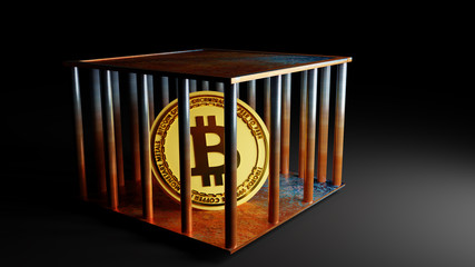 Concept of Bitcoin coin in Cage, Price falling down Concept, 3D Rendering