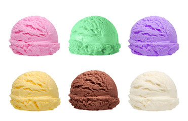 Strawberry, vanilla, chocolate, blueberry and mint different flavor ice cream scoops side view on...
