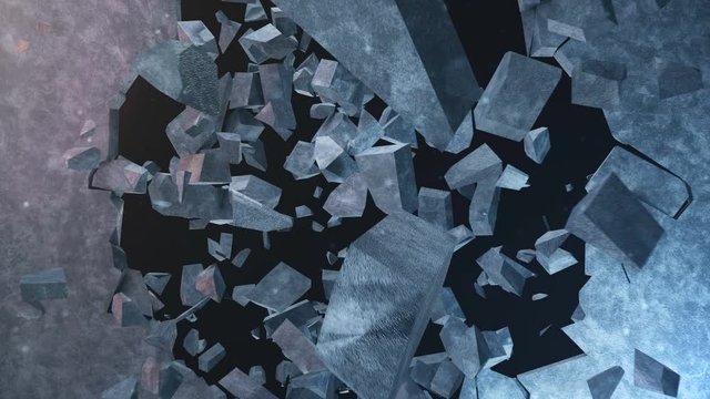 Explosion destroys the wall, broken concrete wall. Fragments of concrete wall fly to pieces. Bullet hole in wall, destruction. Animation With Alpha Channel, slow motion effect.