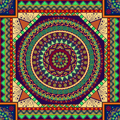 Vector ethnic seamless pattern with ornate mandala and other elements. Repeating aztec geometric background. Stylish tribal print, boho style. Colorful mandala design, tribal aztec motives - 234441095