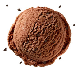 Chocolate ice cream scoop with broken chocolates or chips from top or top view isolated on white...