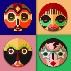 Vector set of mask: hippie with aviator sunglasses, retro woman, hipster with glasses and tribal ornament, surprised man in african style. People collection, flat icons. Stylish ethnic pattern