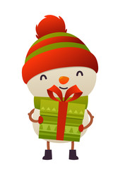 Happy cute cartoon snowman with gift present isolated