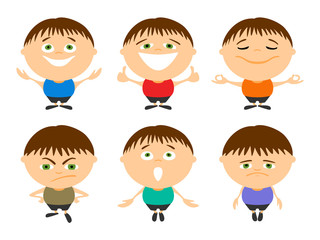 Set of cartoon young man with different emotions in various poses. Collection of cute character for using in presentations.