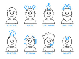 Concept of icons for creative web team in outline style. Set of avatars for director, coder, copywriter, developer, designer, soundman, support and manager.