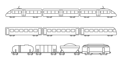 Vector collection of rail transport silhouettes. Passenger and freight transport set of wagons and locomotives.