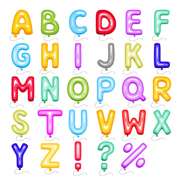 Cartoon bubble font. Colored letters of the alphabet made from balloons for congratulations on holidays.