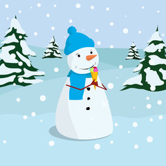Snowman, One of the Christmas Symbol, with Colored Ice Cream in a Warm Cap and Scarf in the Winter Forest Landscape during Snow, Vector Illustration.