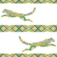 Jumping puma seamless pattern made from flowers, leaves in the scandinavian style. Animal print, repeating tribal pattern. Vector illustration