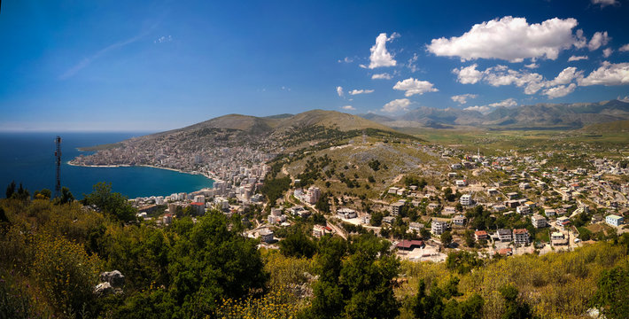Aerial Panoramic view to Saranda city and bay of Ionian sea from Lekuresi Castle, Albania