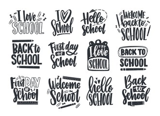 Set of Back to School lettering handwritten with elegant calligraphic font and decorated with stationary or writing tools. Collection of written slogans or phrases. Monochrome vector illustration.