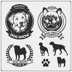Dog Show emblems, labels, badges and design elements. Cute friendly pets characters. French Bulldog and Golden Retriever. 