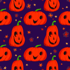 Halloween seamless pattern with smiling pumpkin.