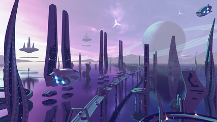 Alien scj-fii city with neon colors. 3D rendering