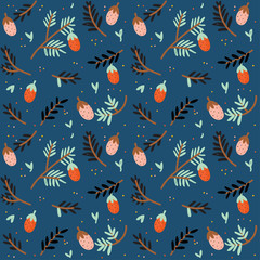 Seamless pattern with adorable illustration of stylized flowers and leafs. Botanical illustrational with branches and cones. Color vector background. Good for fabric design and wrapping paper