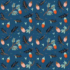 Seamless pattern with adorable illustration of stylized flowers and leafs. Botanical illustrational with branches and cones. Color vector background. Good for fabric design and wrapping paper