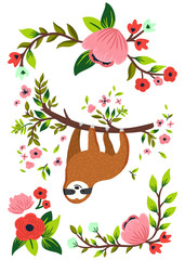 Vector cute sloth hanging on the tree. Funny baby sloth, flowers, branch. Cartoon animal illustration for invitation, greeting card, brochure, poster etc © Dasha D