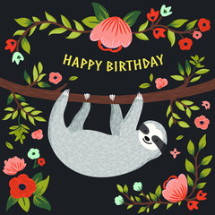 Vector Happy Birthday card with cute sloth on the tree. Funny sloth, flowers, branch. Birthday greeting card design. Can be used also as background, poster, banner, cover, and more - 234445471