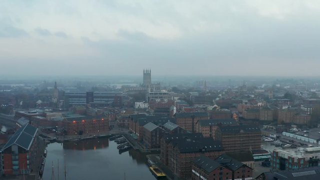 Panning aerial view of Gloucester Docks and City Centre