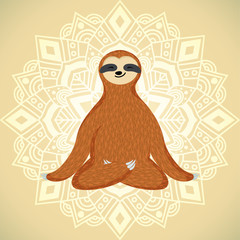 Vector funny sloth sitting in yoga lotus pose and relaxing. Cute sloth yoga. Adorable cartoon animal illustration. White geometric mandala as background © Dasha D