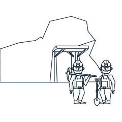 Mining cave and workers with tools