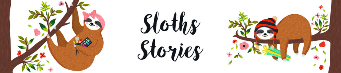 Horizontal banner with two cute sloths hanging on the tree. First female sloth wearing headband and holding cosmetics. Second hipster baby sloth sleeping and holding gift box. Vector illustration © Dasha D