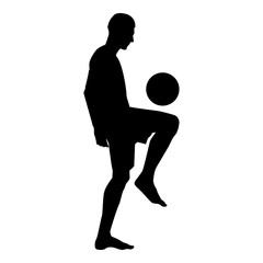 Soccer player juggling ball with his knee or stuffs the ball on his foot silhouette icon black color illustration