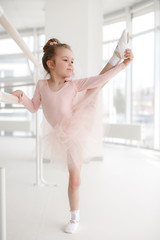 Little ballerina girl in a pink tutu. Adorable child dancing classical ballet in a white studio....