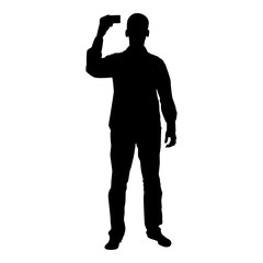 Obraz premium Man shows card in his hand Business card in hand businessman silhouette icon black color illustration