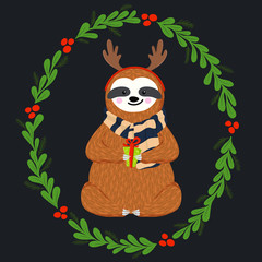 Cute baby sloth dressed in antlers. Funny sloth holding gift box. Christmas design of hand drawn animal, wreath, fir branches and other winter elements. Vector illustration