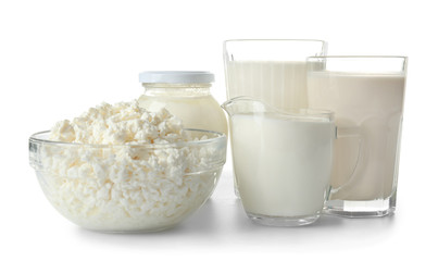 Different milk products on white background
