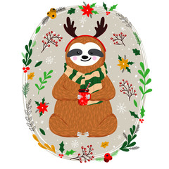 Cute baby sloth dressed in antlers. Funny sloth holding coffee cup. Christmas set of hand drawn animal, flowers, mistletoe, fir branches and other winter elements. Vector illustration
