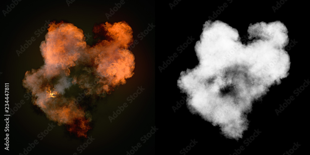 Aufkleber Large explosion with black smoke in dark plus alpha channel. Top view. 3d rendering