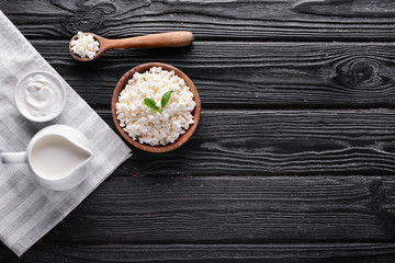 Different milk products on wooden table