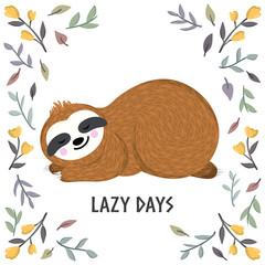 Cute baby sloth sleeping among flowers and leaves. Vector animal illustration in the summer, spring style. Lazy days design