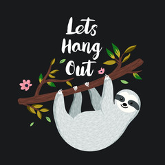 Lets hang out. Cute baby sloth hanging on the tree. Adorable cartoon animal illustration. Vector - 234448435
