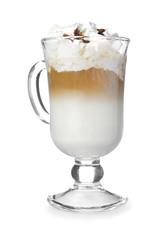 Cold coffee covered with whipped cream and chocolate in glass on white background