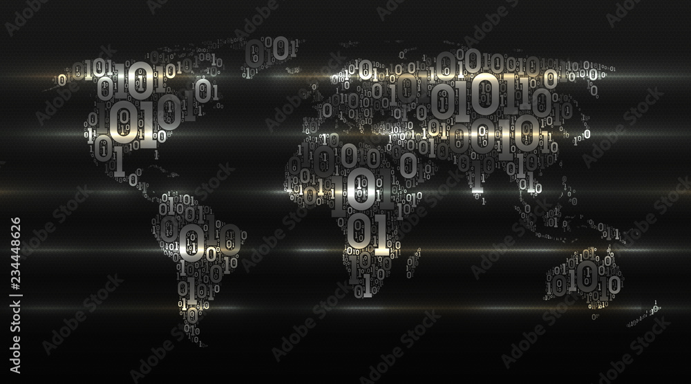 Poster binary code world map with continents on dark cellular background. abstract digital technologies tra