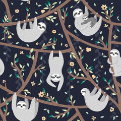 Seamless pattern with cute baby sloths hanging on the tree. Hand drawn adorable animal background in the childish style. Vector rainforest set of funny sloths, flowers, leaves - 234448690