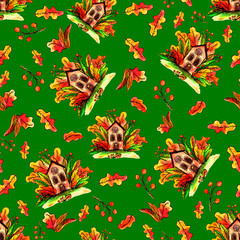 house with watercolor with colorful leaves on a green color