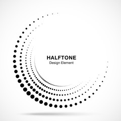 Halftone incomplete circle frame dots logo isolated on white background. Circular part design element for treatment, technology. Half round border Icon using halftone circle dots texture. Vector © Bank Design Elements