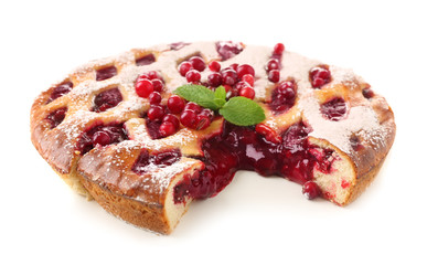 Sweet Christmas pie stuffed with cranberries on white background